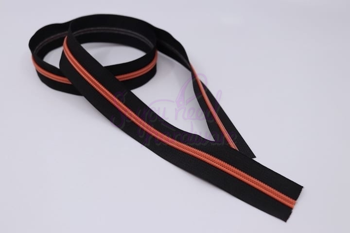 #5 Black Nylon Zipper Tape with Orange Nylon Zipper Teeth - 3 Yards - NO  ZIPPER PULLS INCLUDED